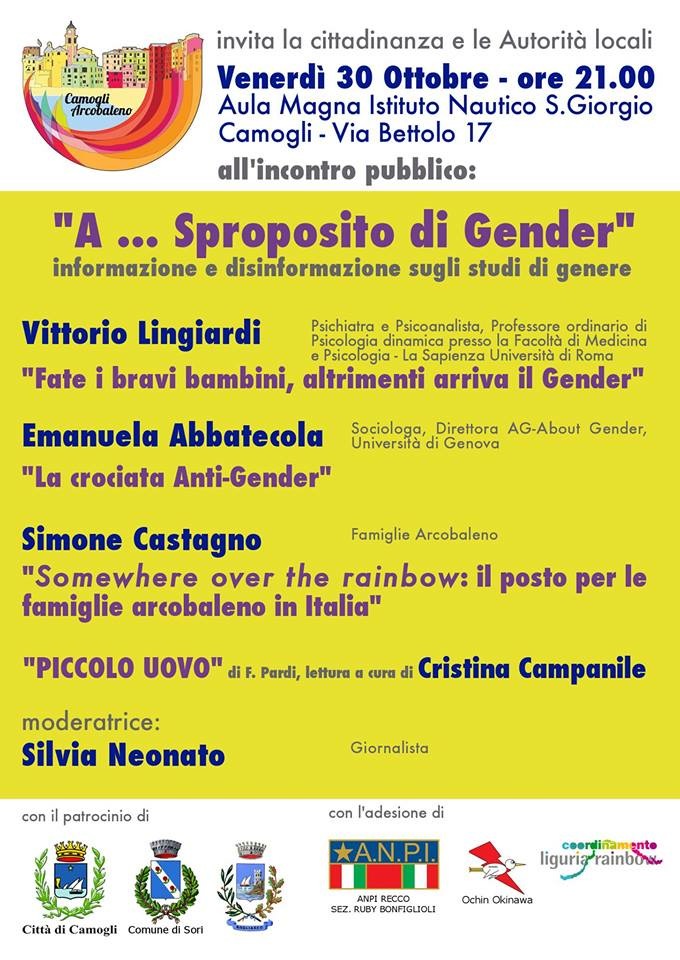 venerdì 30 ottobre: A Camogli un incontro aperto a tutti su un tema di grande attualità "A sproposito di gender". Perché è sempre bene sapere prima di s...parlare