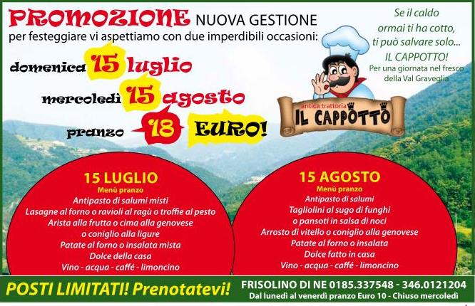 15 luglio, Ne: pranzo inaugurale nuova gestione a soli 18 Euro! Al ristorante 'Il cappotto', per una giornata...al fresco della Val Graveglia
