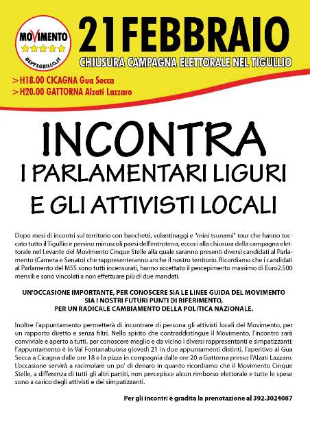 21 Febbraio, Cicagna e Gattorna: MOVIMENTO 5 STELLE, incontro conviviale con i parlamentari liguri e gli attivisti locali