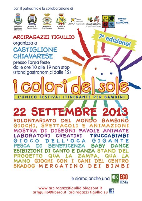 DOMENICA 22 SETTEMBRE, Castiglione Chiavarese:7^ ed. de "I COLORI DEL SOLE", festival itinerante per bambini
