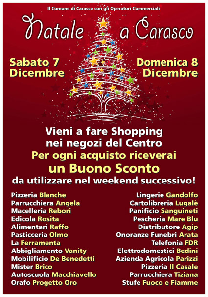 7 e 8 dicembre, Carasco: “Natale a Carasco” acquistando nei negozi ricevi un buono sconto per quelli successivi