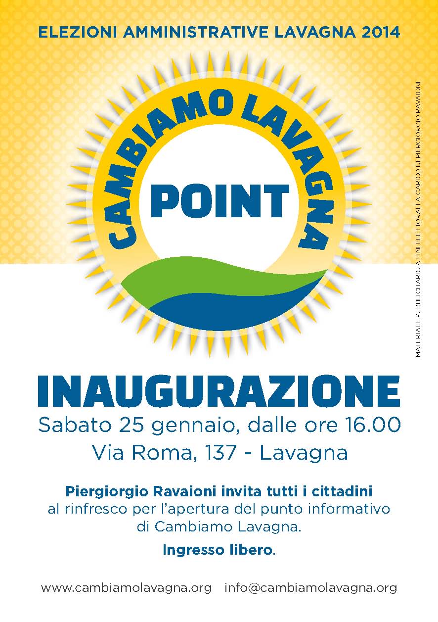 sabato 25 gennaio, Lavagna: apre il point di "Cambiamo Lavagna" con rinfresco di benvenuto aperto a tutti i cittadini
