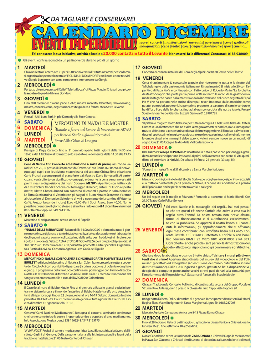 IL CALENDARIO CON GLI EVENTI IMPERDIBILI DI DICEMBRE: mercatini, sagre, feste, teatro, ricorrenze, tornei, concerti...