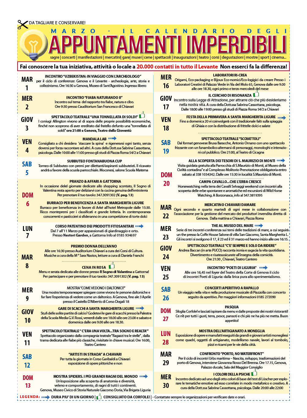 MARZO - IL CALENDARIO CON GLI EVENTI IMPERDIBILI DI TUTTO IL LEVANTE: sagre, feste, ricorrenze, tornei, concerti...