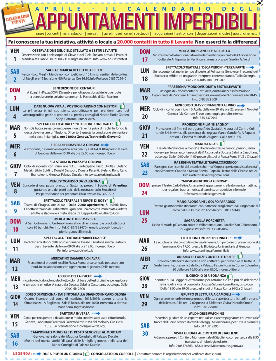 APRILE - IL CALENDARIO CON GLI EVENTI IMPERDIBILI DI TUTTO IL LEVANTE: sagre, feste, ricorrenze, tornei, concerti...