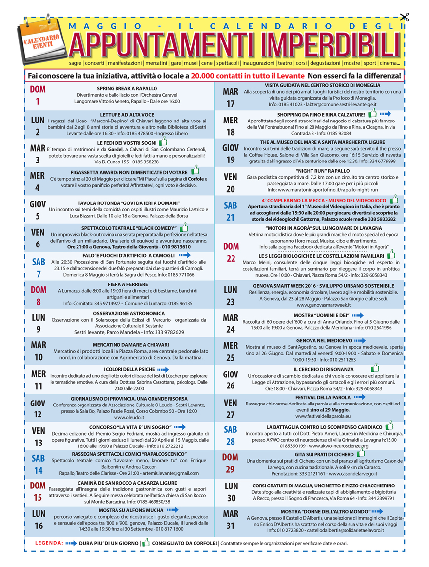 MAGGIO - Il calendario degli eventi imperdibili del Levante e non solo!