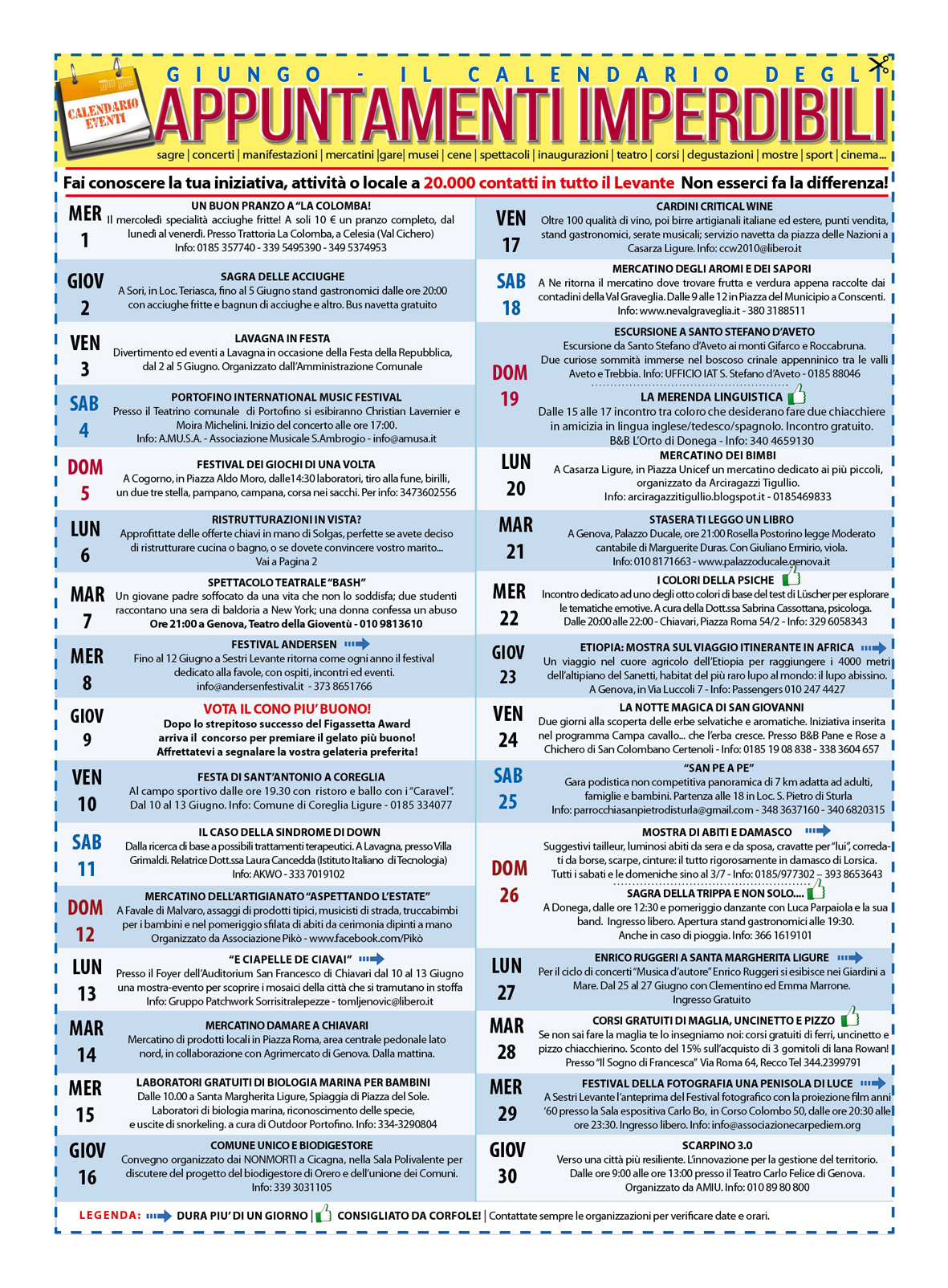 GIUGNO - Il calendario degli eventi imperdibili del Levante e non solo! Sagre, mercatini, concerti, spettacoli, teatro, mostre, corsi e molto altro
