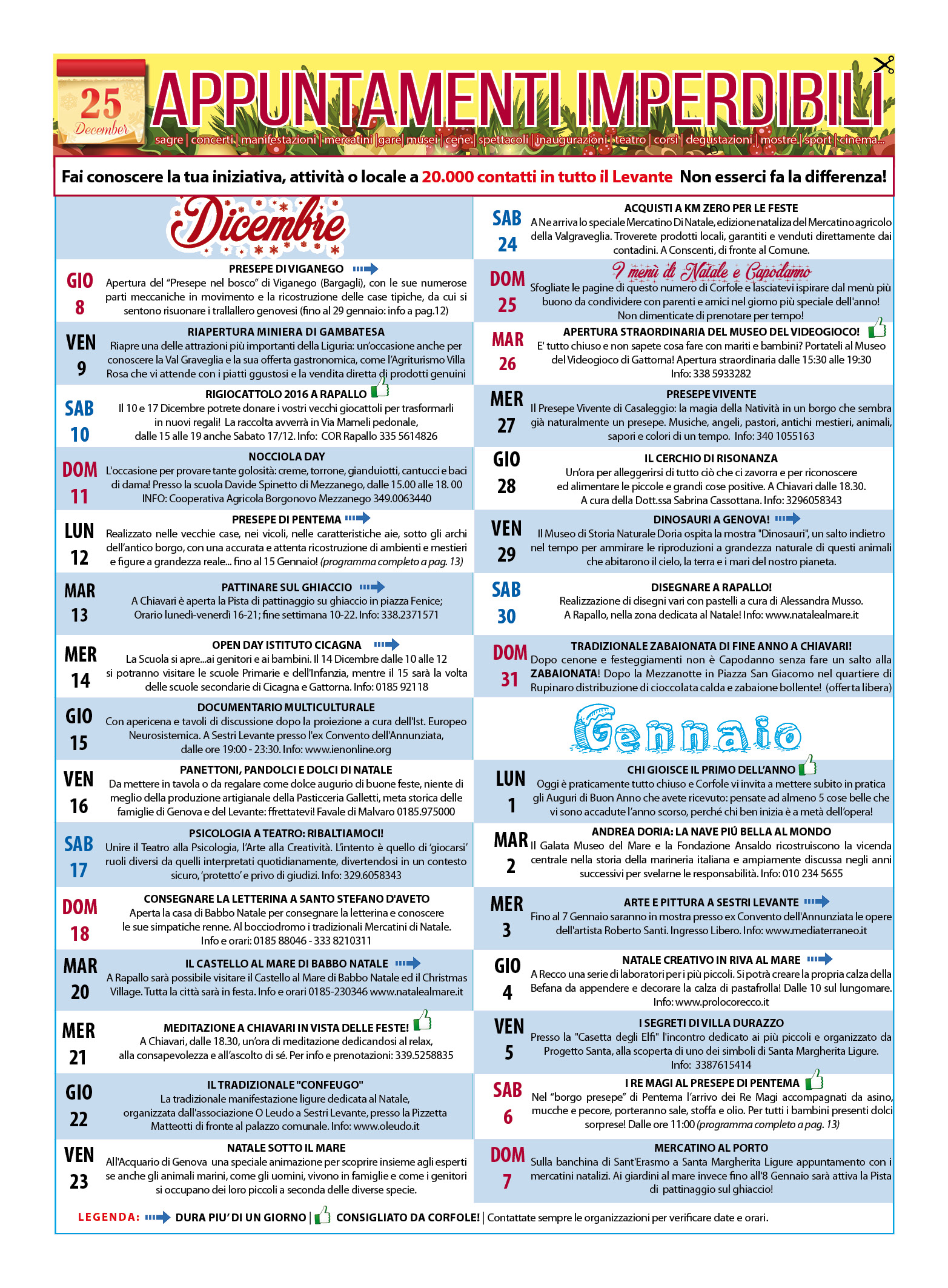 CALENDARIO EVENTI IMPERDIBILI DICEMBRE E GENNAIO! Sagre, mercatini, concerti, spettacoli, teatro, mostre, corsi e molto altro